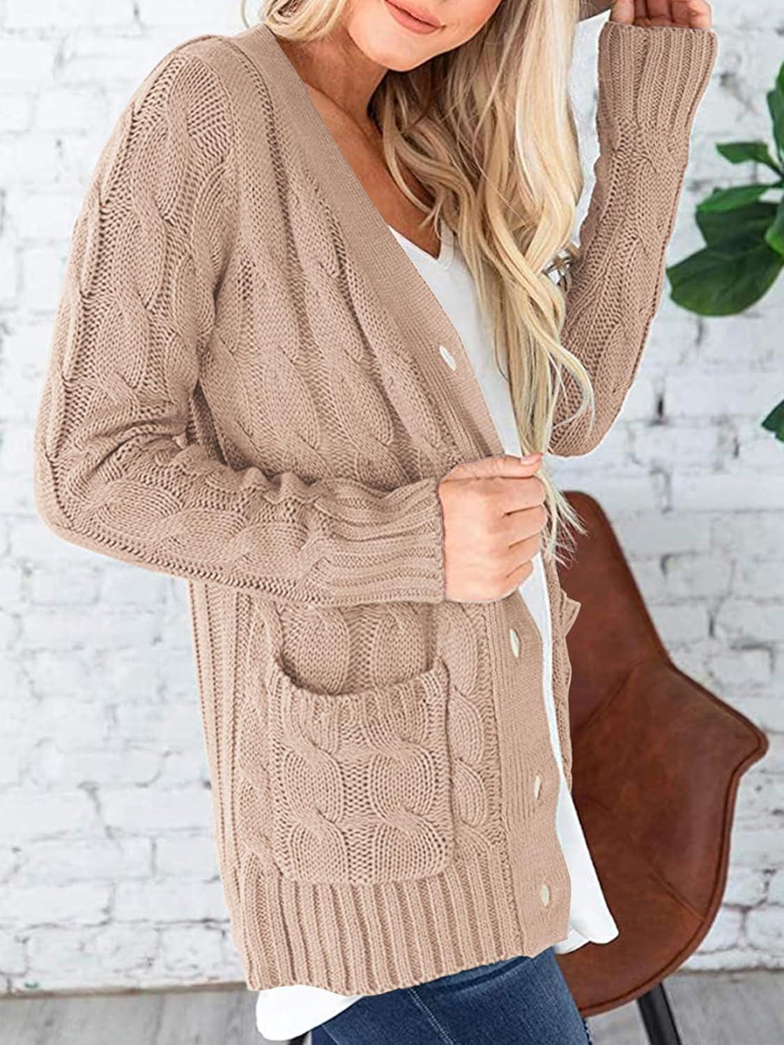 imagePRETTYGARDEN Womens Open Front Cardigan Sweaters Fall Fashion Button Down Cable Knit Chunky Winter Clothing Outerwear CoatsTan