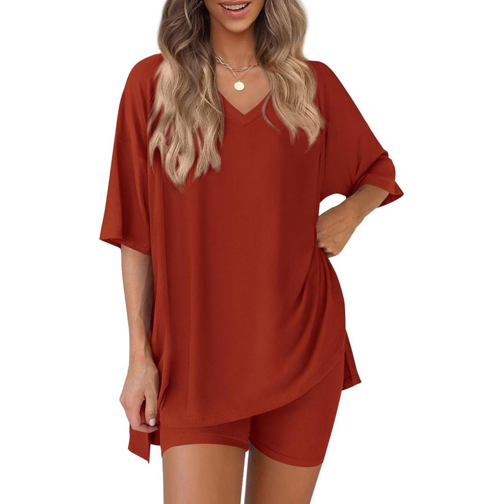imagePRETTYGARDEN 2 Piece Sets for Women Summer 2026 Lounge Short Set Spring Matching Biker Shorts V Neck Oversized Shirt ClothingBrick Red