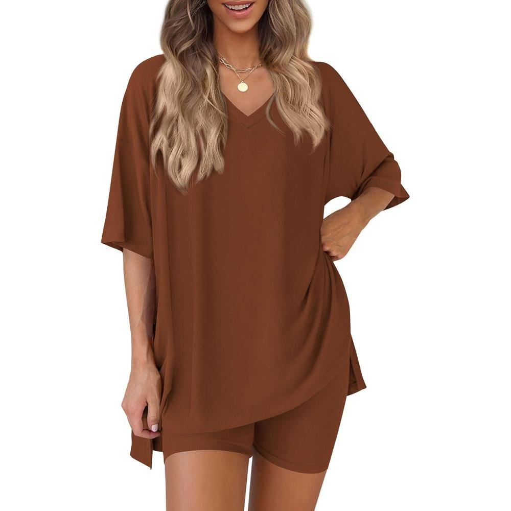 imagePRETTYGARDEN 2 Piece Sets for Women Summer 2026 Lounge Short Set Spring Matching Biker Shorts V Neck Oversized Shirt ClothingBrown