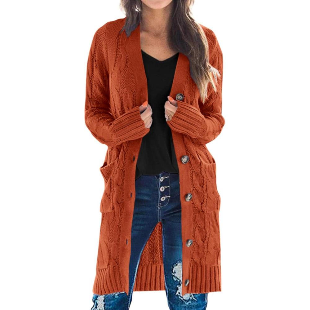imagePRETTYGARDEN Long Sleeve Cable Knit Long Cardigan for Women 2025 Fall Winter Chunky Open Front Button Sweaters with PocketsCaramel