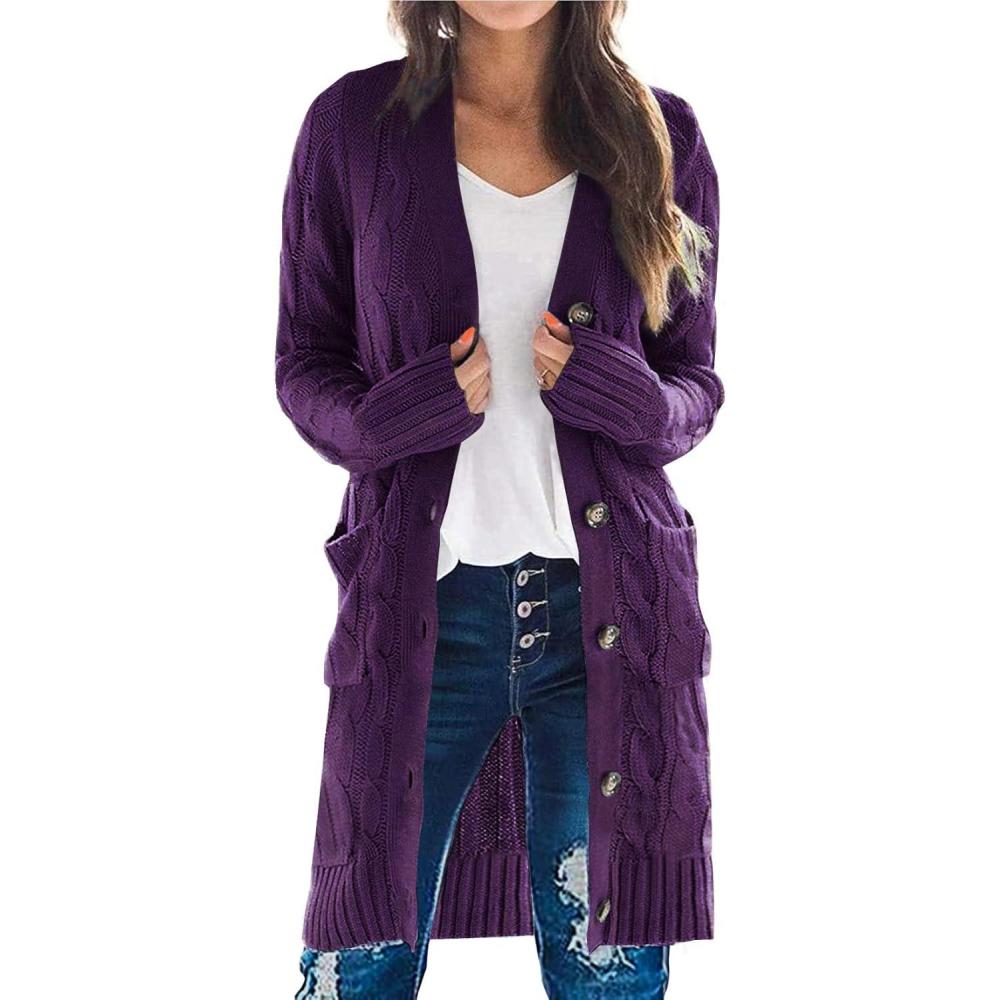 imagePRETTYGARDEN Long Sleeve Cable Knit Long Cardigan for Women 2025 Fall Winter Chunky Open Front Button Sweaters with PocketsDeep Purple