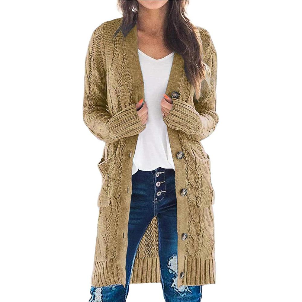 imagePRETTYGARDEN Long Sleeve Cable Knit Long Cardigan for Women 2025 Fall Winter Chunky Open Front Button Sweaters with PocketsKhaki