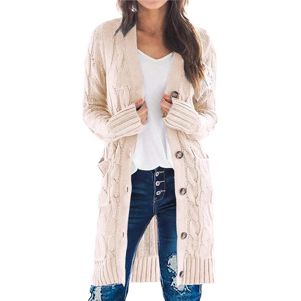 imagePRETTYGARDEN Long Sleeve Cable Knit Long Cardigan for Women 2025 Fall Winter Chunky Open Front Button Sweaters with PocketsOffwhite