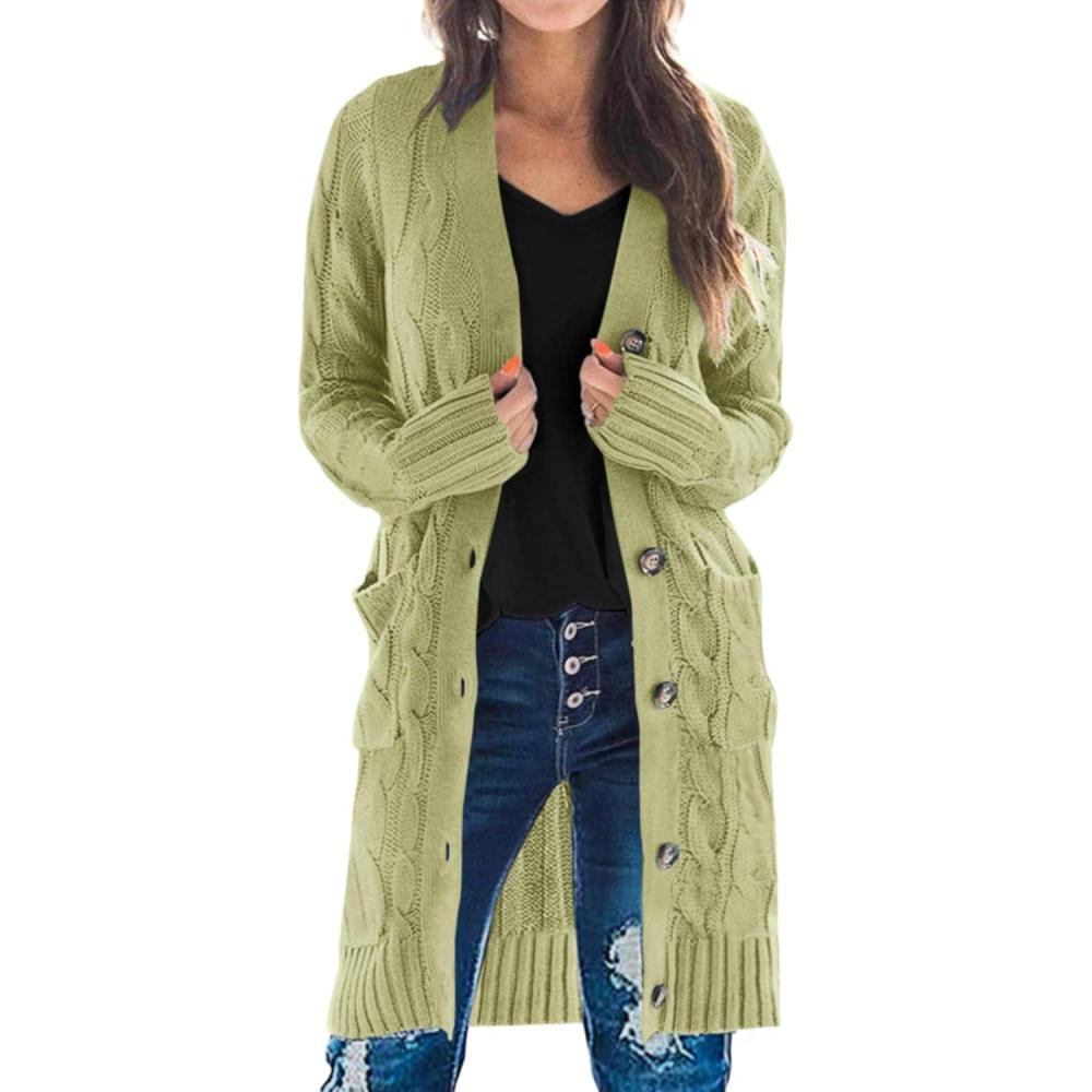 imagePRETTYGARDEN Long Sleeve Cable Knit Long Cardigan for Women 2025 Fall Winter Chunky Open Front Button Sweaters with PocketsOlive Green
