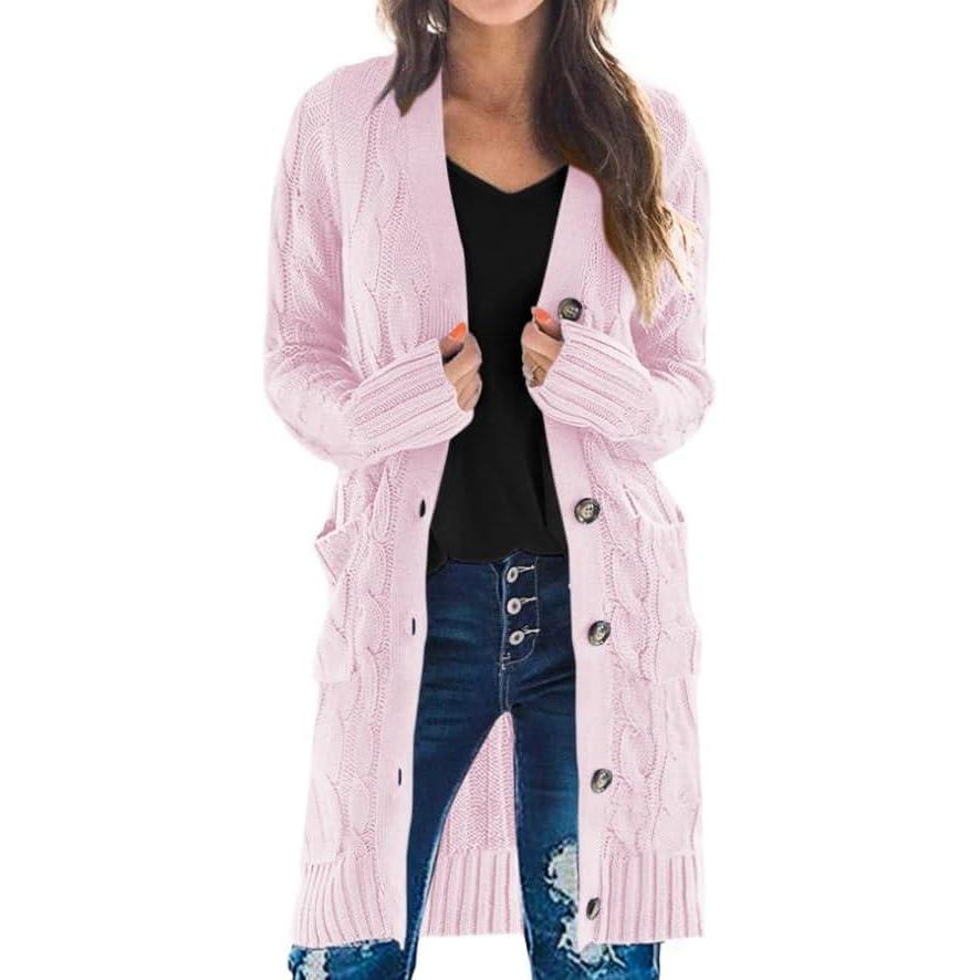 imagePRETTYGARDEN Long Sleeve Cable Knit Long Cardigan for Women 2025 Fall Winter Chunky Open Front Button Sweaters with PocketsPink