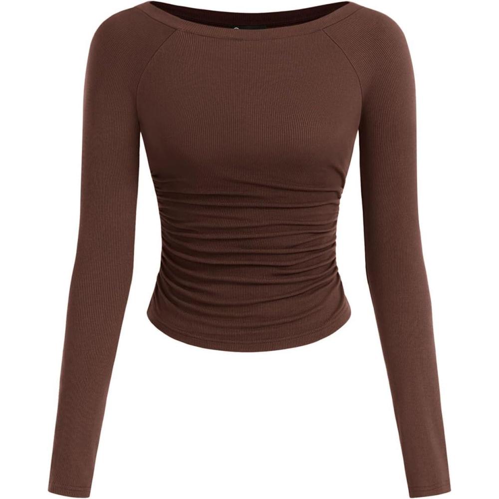 imagePRETTYGARDEN Long Sleeve Shirts for Women 2025 Fall Ruched Sides Boat Neck Basic Tee Casual Fitted Ribbed Knit Crop TopsBrown