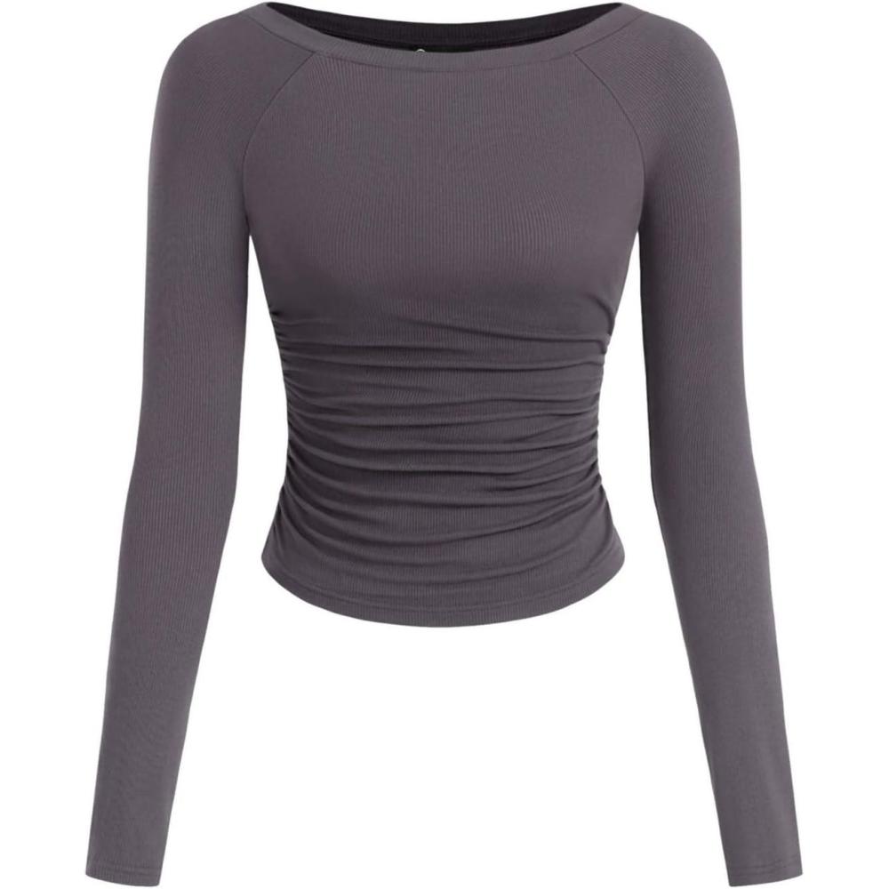 imagePRETTYGARDEN Long Sleeve Shirts for Women 2025 Fall Ruched Sides Boat Neck Basic Tee Casual Fitted Ribbed Knit Crop TopsDark Grey