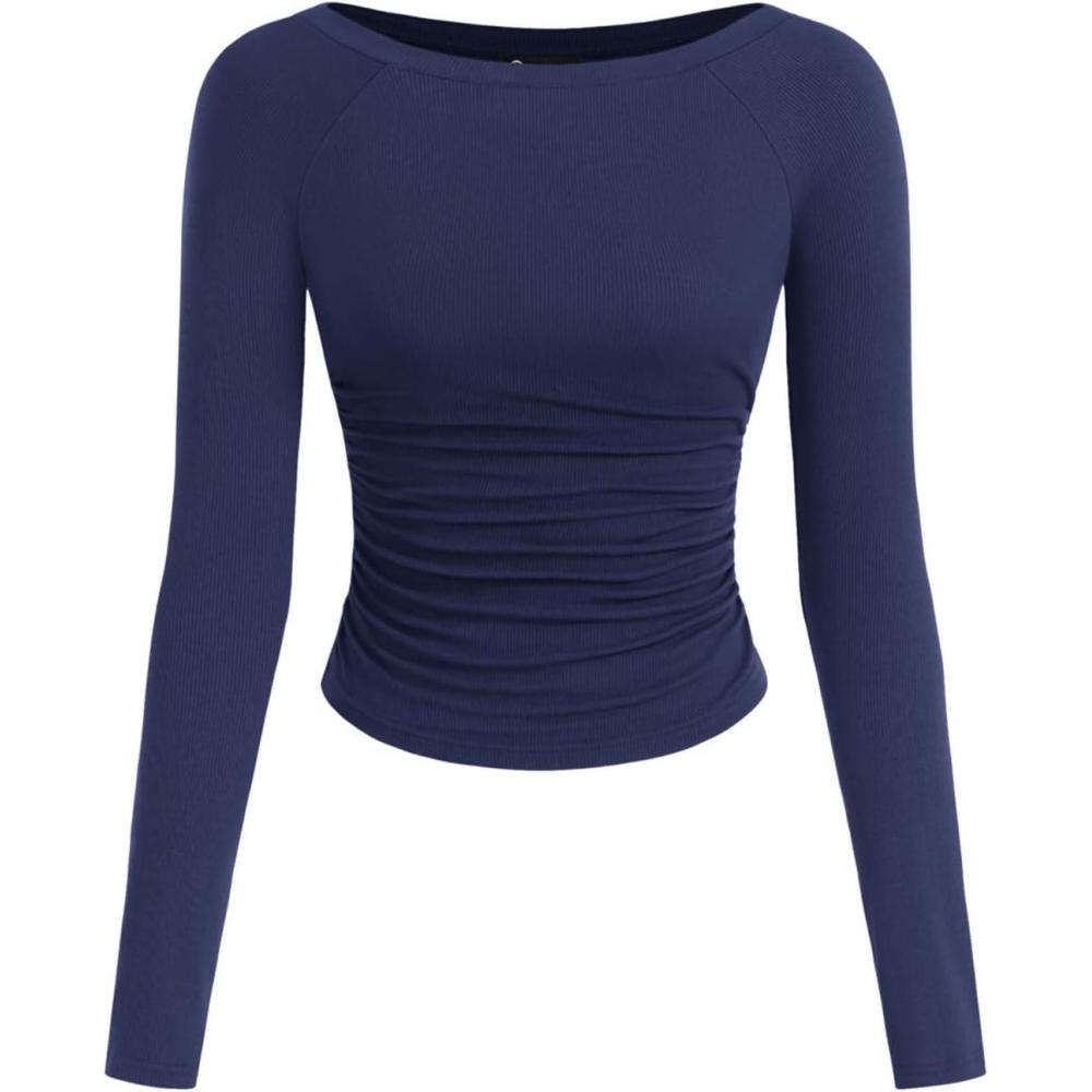 imagePRETTYGARDEN Long Sleeve Shirts for Women 2025 Fall Ruched Sides Boat Neck Basic Tee Casual Fitted Ribbed Knit Crop TopsNavy Blue