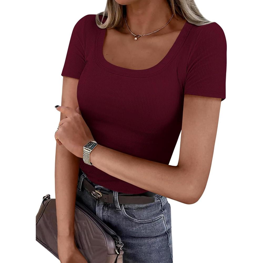 imagePRETTYGARDEN Short Sleeve Shirts for Women 2026 Summer Trendy Scoop Neck Ribbed Tops Spring Casual Slim Fitted Basic TeesBurgundy