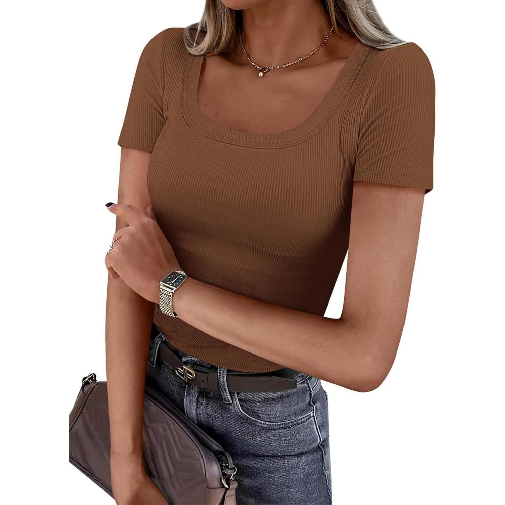 imagePRETTYGARDEN Short Sleeve Shirts for Women 2026 Summer Trendy Scoop Neck Ribbed Tops Spring Casual Slim Fitted Basic TeesKhaki