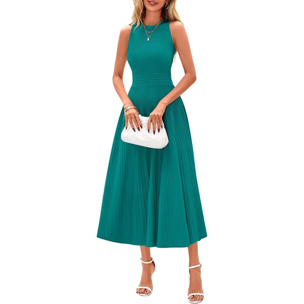 imagePRETTYGARDEN Spring Casual Dresses for Women 2026 Summer Business Work Midi Sleeveless A Line Pleated Cocktail DressBlue Green