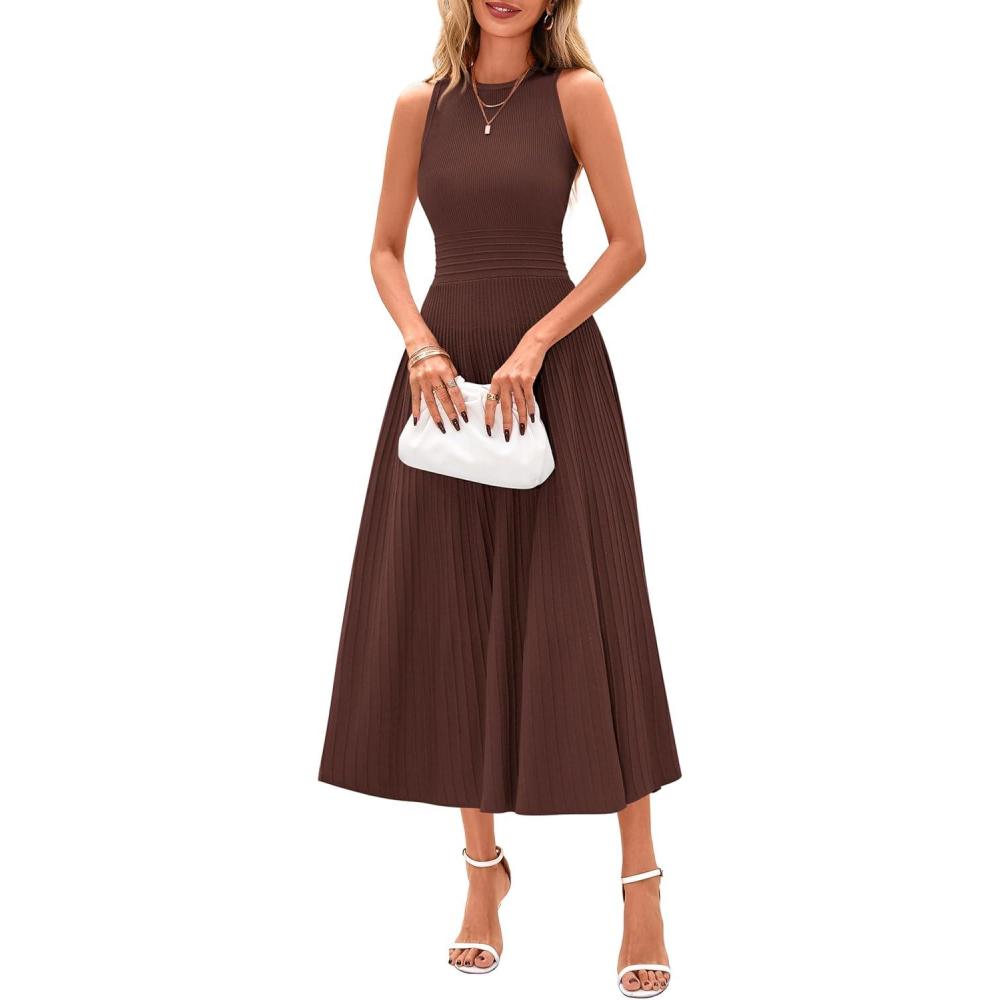 imagePRETTYGARDEN Spring Casual Dresses for Women 2026 Summer Business Work Midi Sleeveless A Line Pleated Cocktail DressBrown