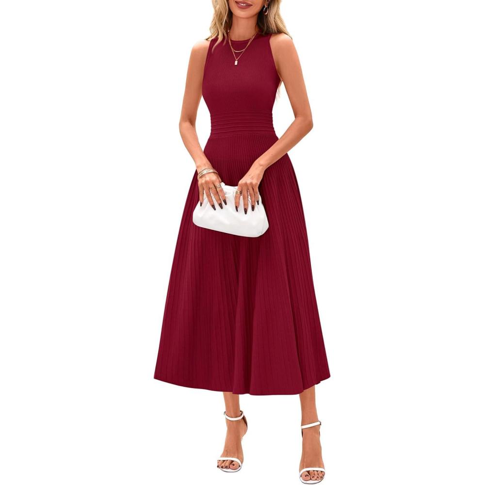 imagePRETTYGARDEN Spring Casual Dresses for Women 2026 Summer Business Work Midi Sleeveless A Line Pleated Cocktail DressBurgundy