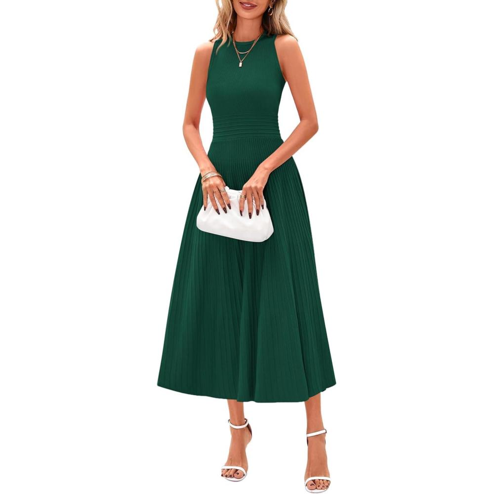 imagePRETTYGARDEN Spring Casual Dresses for Women 2026 Summer Business Work Midi Sleeveless A Line Pleated Cocktail DressDark Green