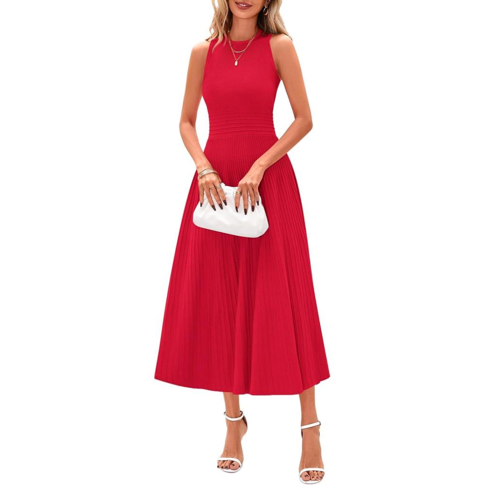 imagePRETTYGARDEN Spring Casual Dresses for Women 2026 Summer Business Work Midi Sleeveless A Line Pleated Cocktail DressRed
