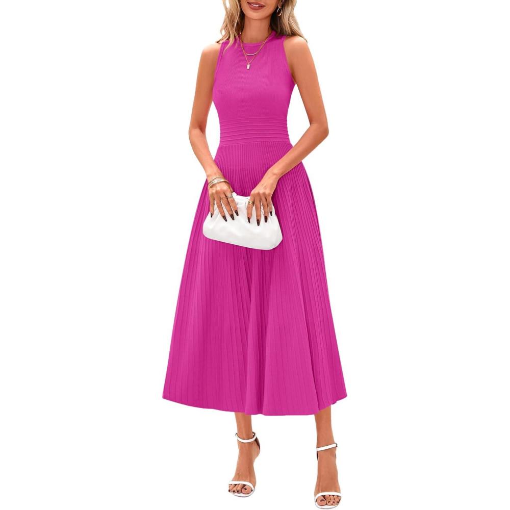 imagePRETTYGARDEN Spring Casual Dresses for Women 2026 Summer Business Work Midi Sleeveless A Line Pleated Cocktail DressRose