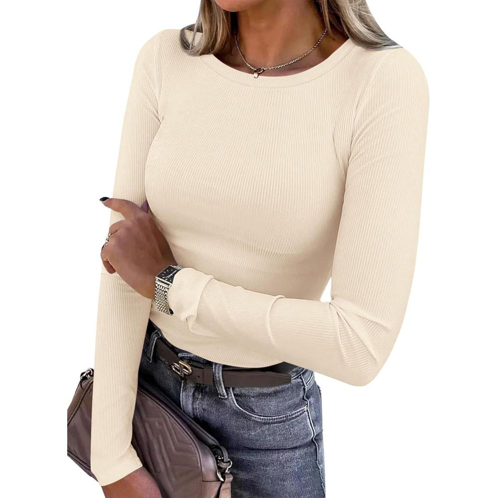 imagePRETTYGARDEN Women 2026 Fall Clothes Long Sleeve Shirts Ribbed Knit Fitted Basic Tee Going Out Tops Underscrub Casual OutfitsBeige