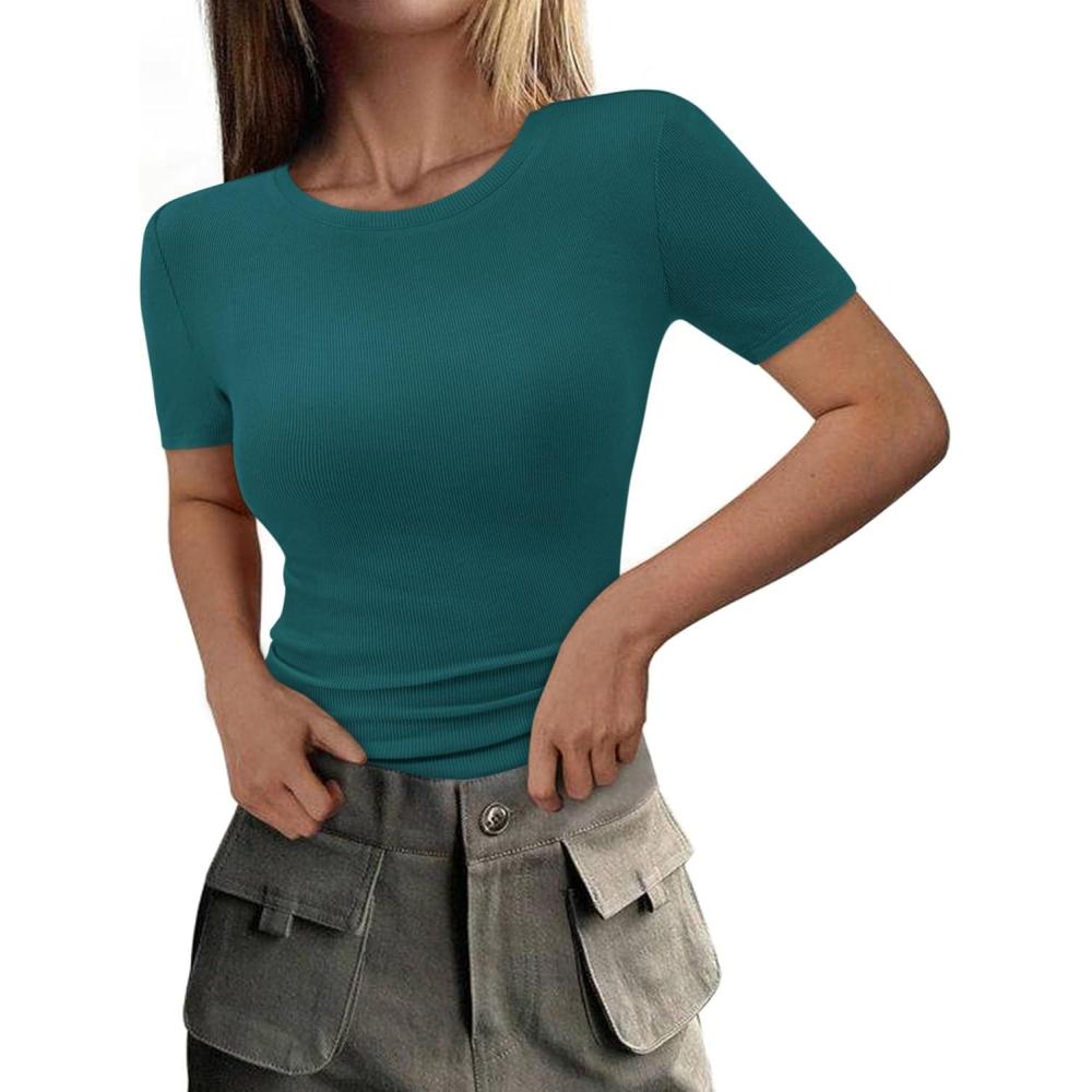 imagePRETTYGARDEN Women 2026 Summer Crew Neck Short Sleeve Tops Ribbed Knit Slim Fit Fashion Basic Tee Shirts Casual Going Out TopLake Blue