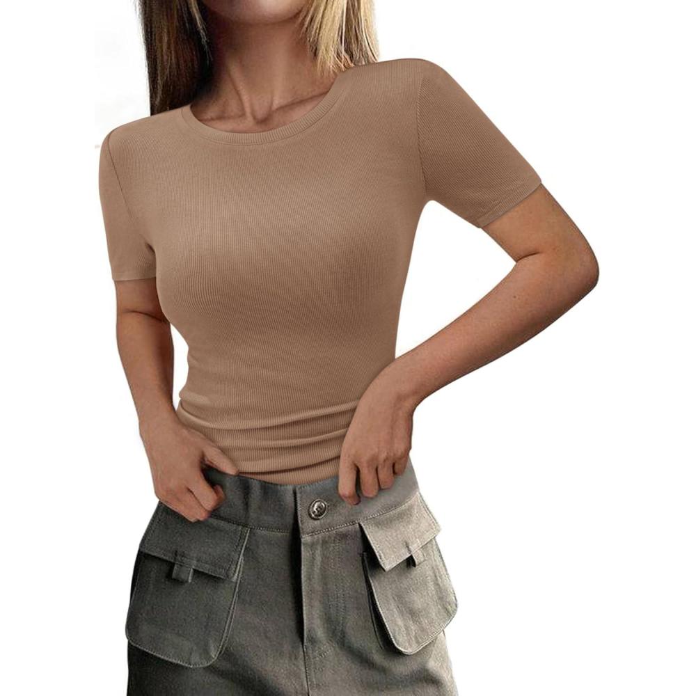 imagePRETTYGARDEN Women 2026 Summer Crew Neck Short Sleeve Tops Ribbed Knit Slim Fit Fashion Basic Tee Shirts Casual Going Out TopLight Khaki