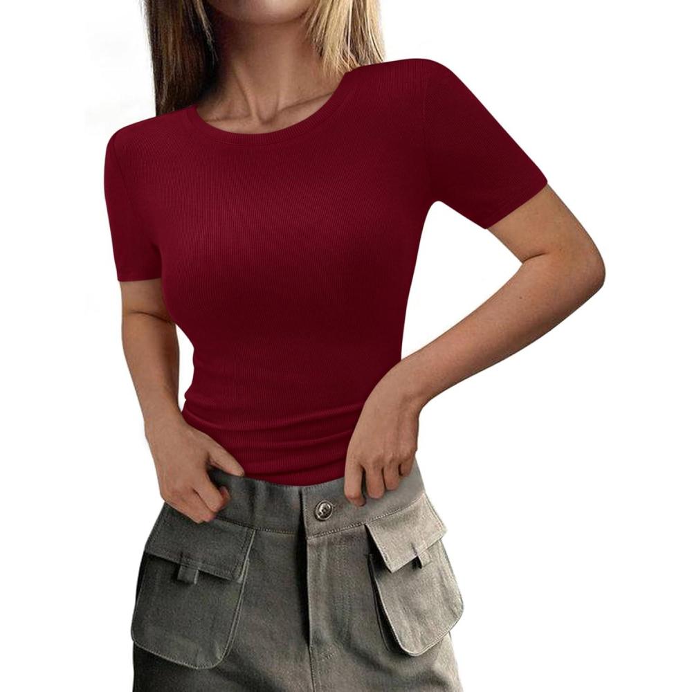 imagePRETTYGARDEN Women 2026 Summer Crew Neck Short Sleeve Tops Ribbed Knit Slim Fit Fashion Basic Tee Shirts Casual Going Out TopWine Red