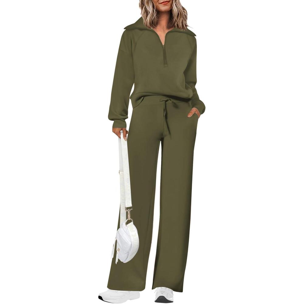 imagePRETTYGARDEN Womens 2 Piece Outfits Casual Lapel Half Zip Sweatshirts and Wide Leg Pants Tracksuit SetsArmy Green