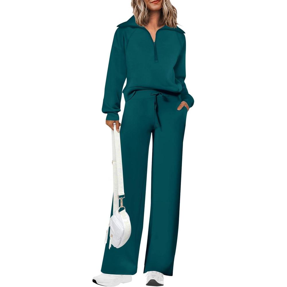 imagePRETTYGARDEN Womens 2 Piece Outfits Casual Lapel Half Zip Sweatshirts and Wide Leg Pants Tracksuit SetsBlue Green