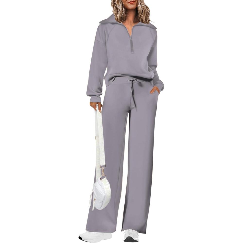 imagePRETTYGARDEN Womens 2 Piece Outfits Casual Lapel Half Zip Sweatshirts and Wide Leg Pants Tracksuit SetsGrey
