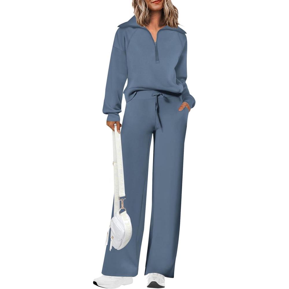imagePRETTYGARDEN Womens 2 Piece Outfits Casual Lapel Half Zip Sweatshirts and Wide Leg Pants Tracksuit SetsGrey Blue