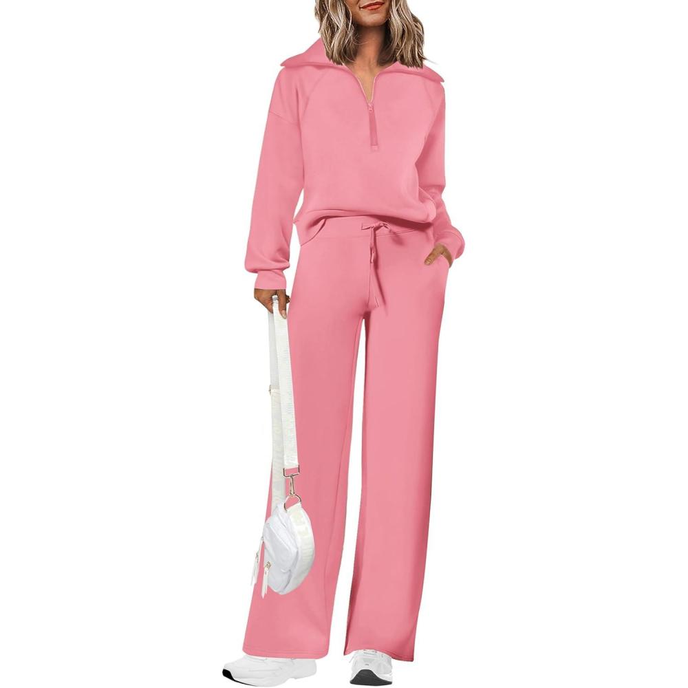 imagePRETTYGARDEN Womens 2 Piece Outfits Casual Lapel Half Zip Sweatshirts and Wide Leg Pants Tracksuit SetsPink