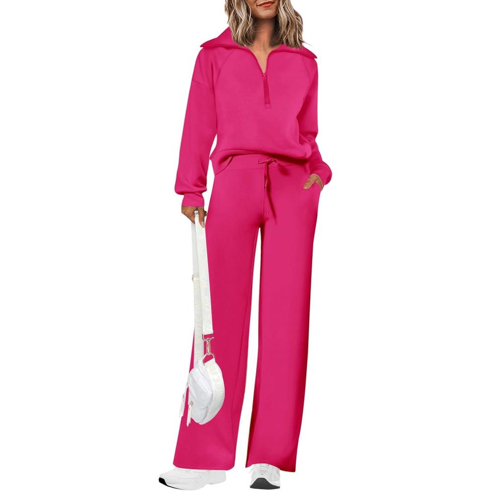 imagePRETTYGARDEN Womens 2 Piece Outfits Casual Lapel Half Zip Sweatshirts and Wide Leg Pants Tracksuit SetsRose Red