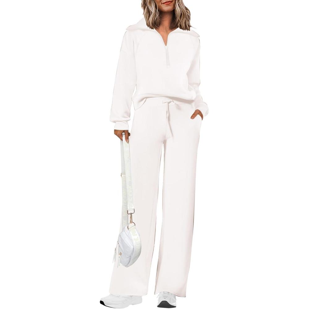 imagePRETTYGARDEN Womens 2 Piece Outfits Casual Lapel Half Zip Sweatshirts and Wide Leg Pants Tracksuit SetsWhite