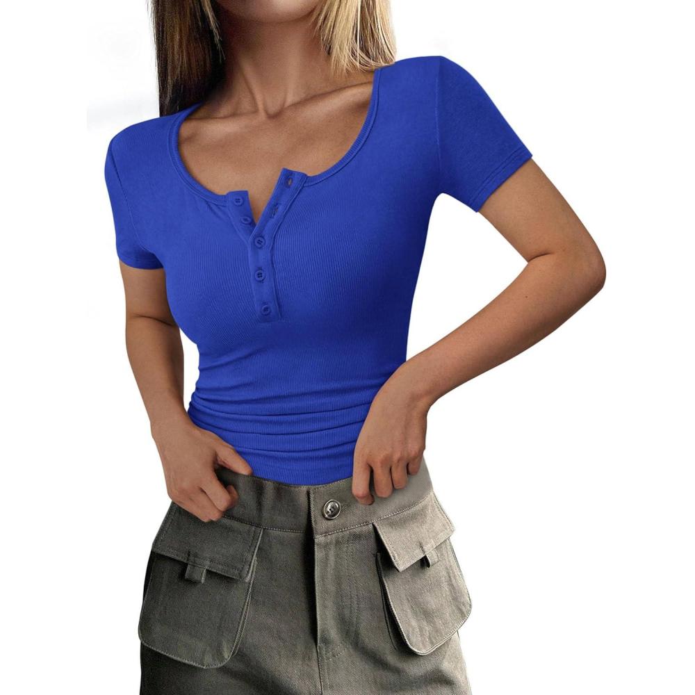 imagePRETTYGARDEN Womens 2026 Fall Summer Short Sleeve Tops Ribbed Henley Button Slim Fit Basic Casual T Shirts Blouse ClothingRoyal Blue