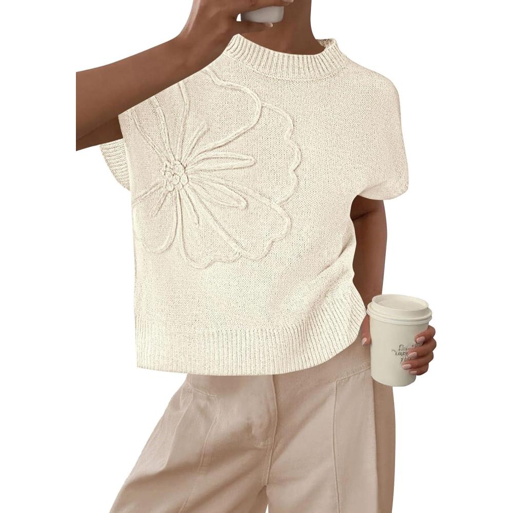imagePRETTYGARDEN Womens 2026 Spring Sweater Vest Trendy Flower Knit Short Sleeve Cute Pullover Tank Tops Summer Fashion ClothingBeige