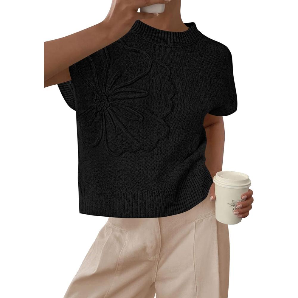 imagePRETTYGARDEN Womens 2026 Spring Sweater Vest Trendy Flower Knit Short Sleeve Cute Pullover Tank Tops Summer Fashion ClothingBlack