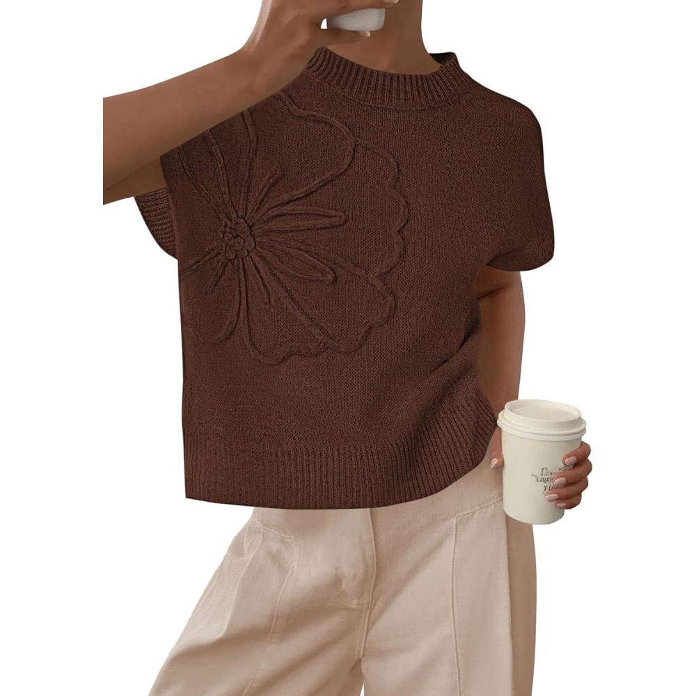imagePRETTYGARDEN Womens 2026 Spring Sweater Vest Trendy Flower Knit Short Sleeve Cute Pullover Tank Tops Summer Fashion ClothingBrown