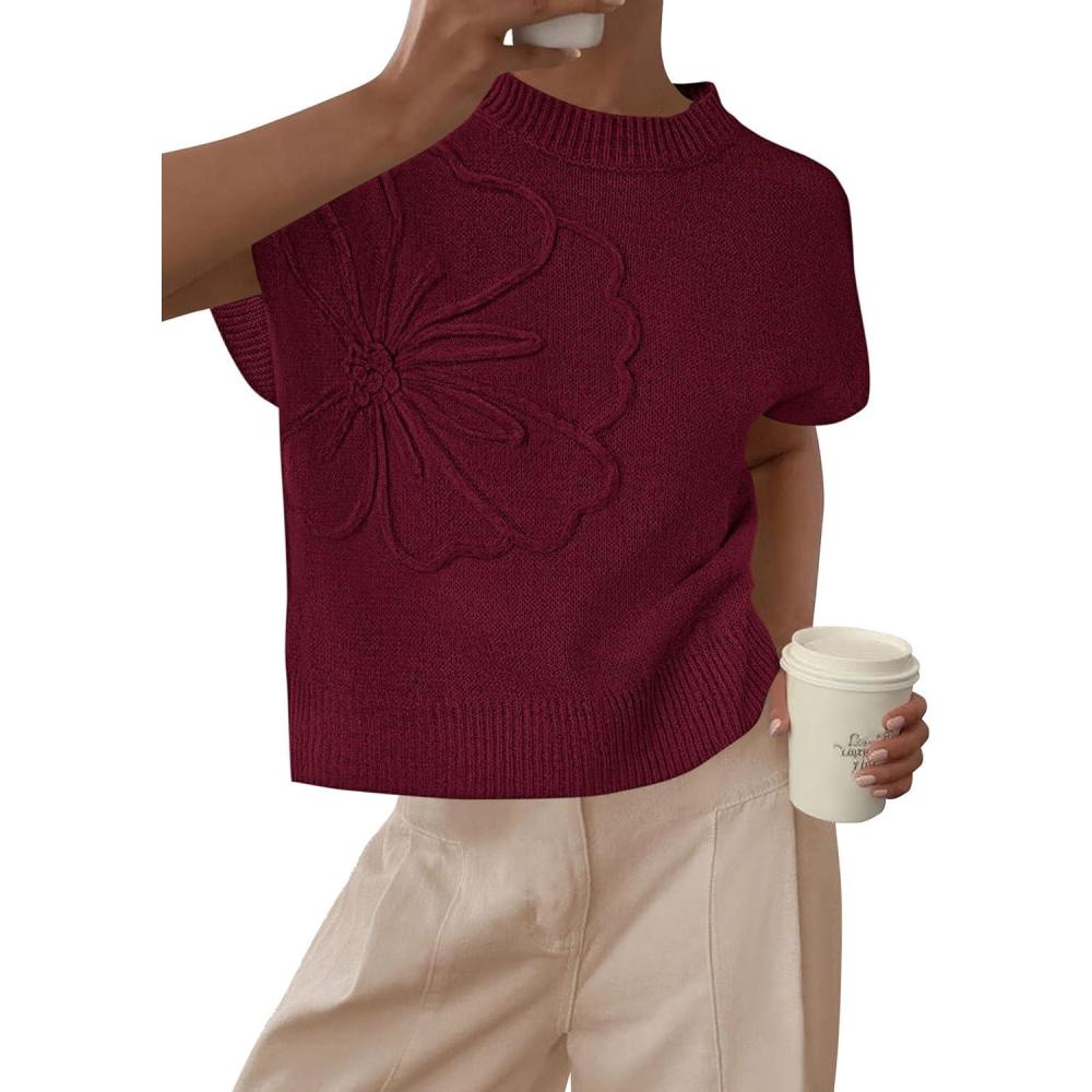 imagePRETTYGARDEN Womens 2026 Spring Sweater Vest Trendy Flower Knit Short Sleeve Cute Pullover Tank Tops Summer Fashion ClothingBurgundy