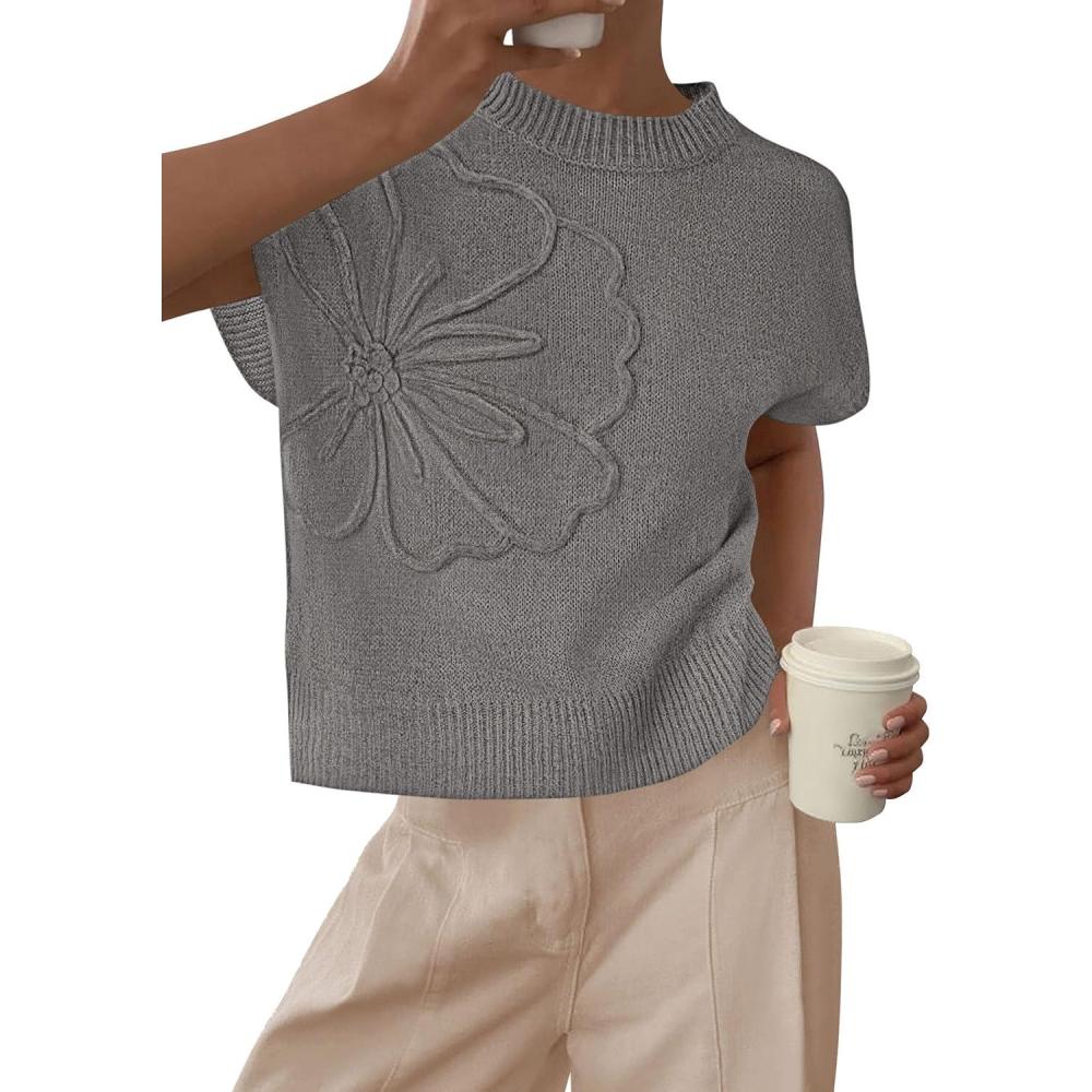 imagePRETTYGARDEN Womens 2026 Spring Sweater Vest Trendy Flower Knit Short Sleeve Cute Pullover Tank Tops Summer Fashion ClothingGrey