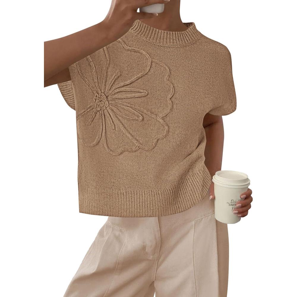 imagePRETTYGARDEN Womens 2026 Spring Sweater Vest Trendy Flower Knit Short Sleeve Cute Pullover Tank Tops Summer Fashion ClothingKhaki