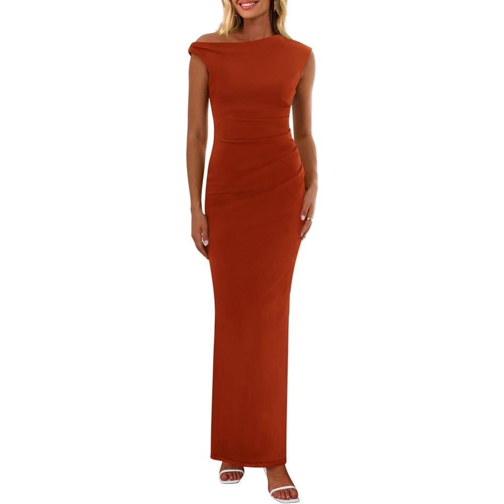imagePRETTYGARDEN Womens 2026 Summer Formal Maxi Dresses Sleeveless One Shoulder Bodycon Ruched Mesh Wedding Guest Cocktail DressRust Red