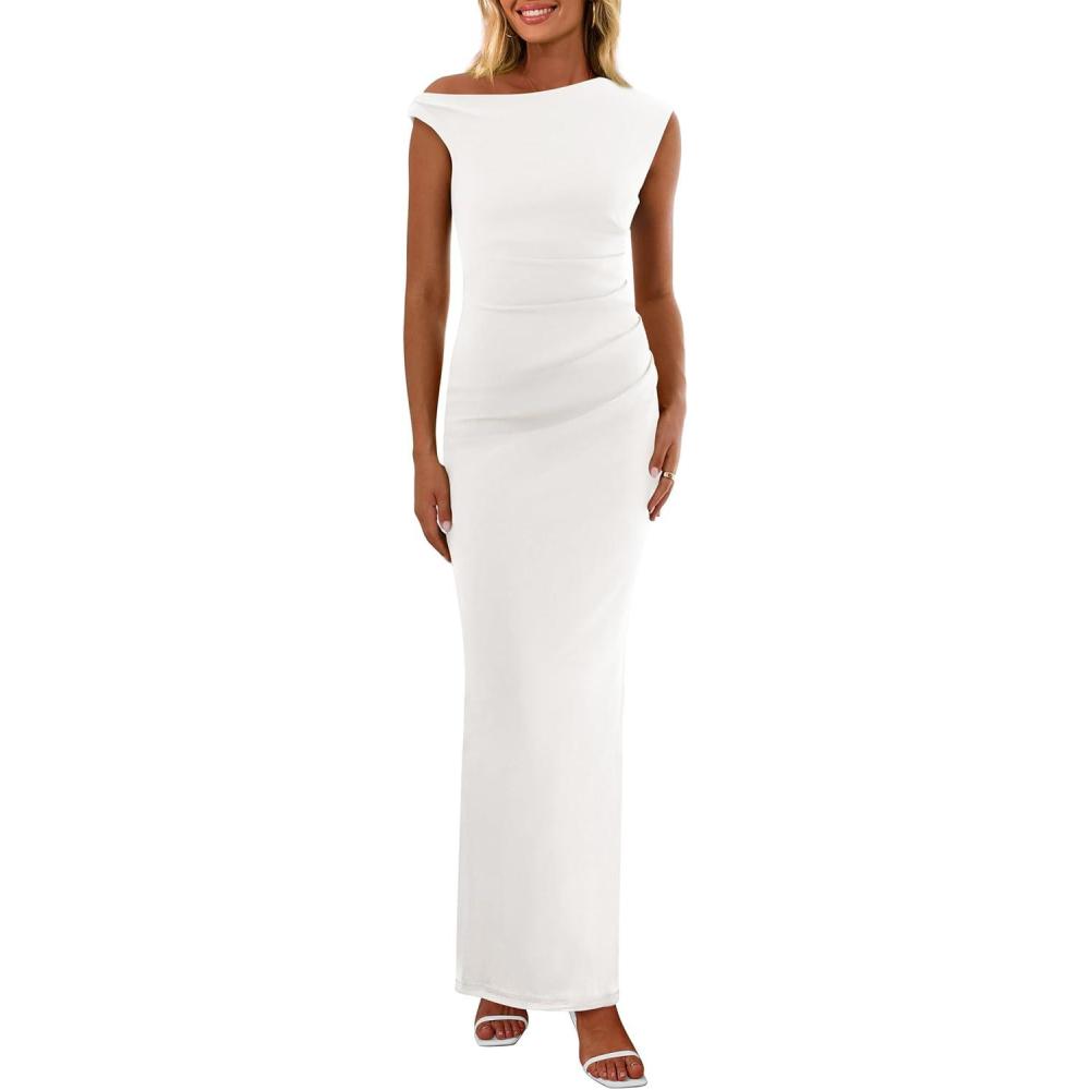 imagePRETTYGARDEN Womens 2026 Summer Formal Maxi Dresses Sleeveless One Shoulder Bodycon Ruched Mesh Wedding Guest Cocktail DressWhite