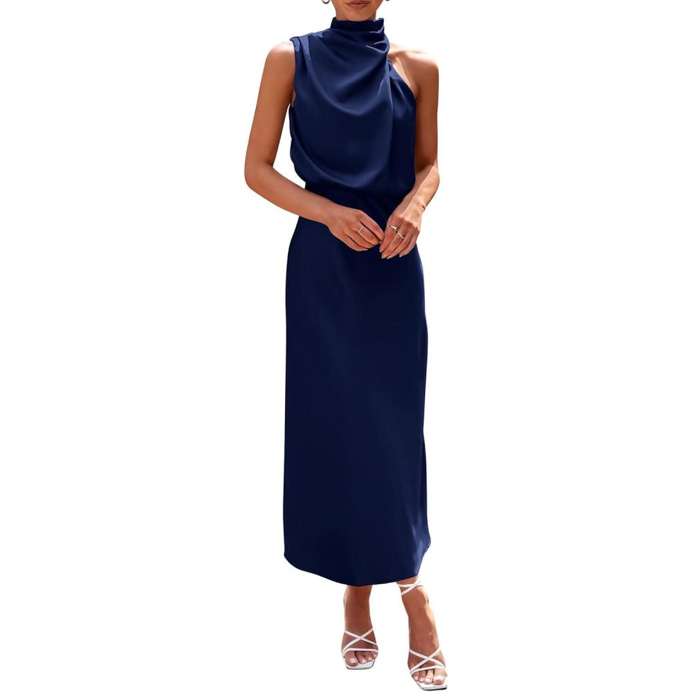 imagePRETTYGARDEN Womens 2026 Summer Satin Dress Elegant Sleeveless Mock Neck Cocktail Party Maxi DressesDark Navy