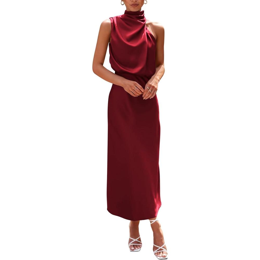 imagePRETTYGARDEN Womens 2026 Summer Satin Dress Elegant Sleeveless Mock Neck Cocktail Party Maxi DressesDark Wine Red