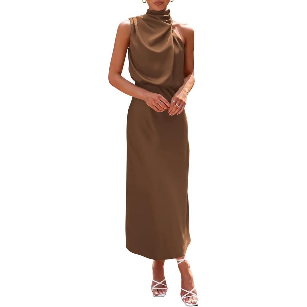 imagePRETTYGARDEN Womens 2026 Summer Satin Dress Elegant Sleeveless Mock Neck Cocktail Party Maxi DressesKhaki