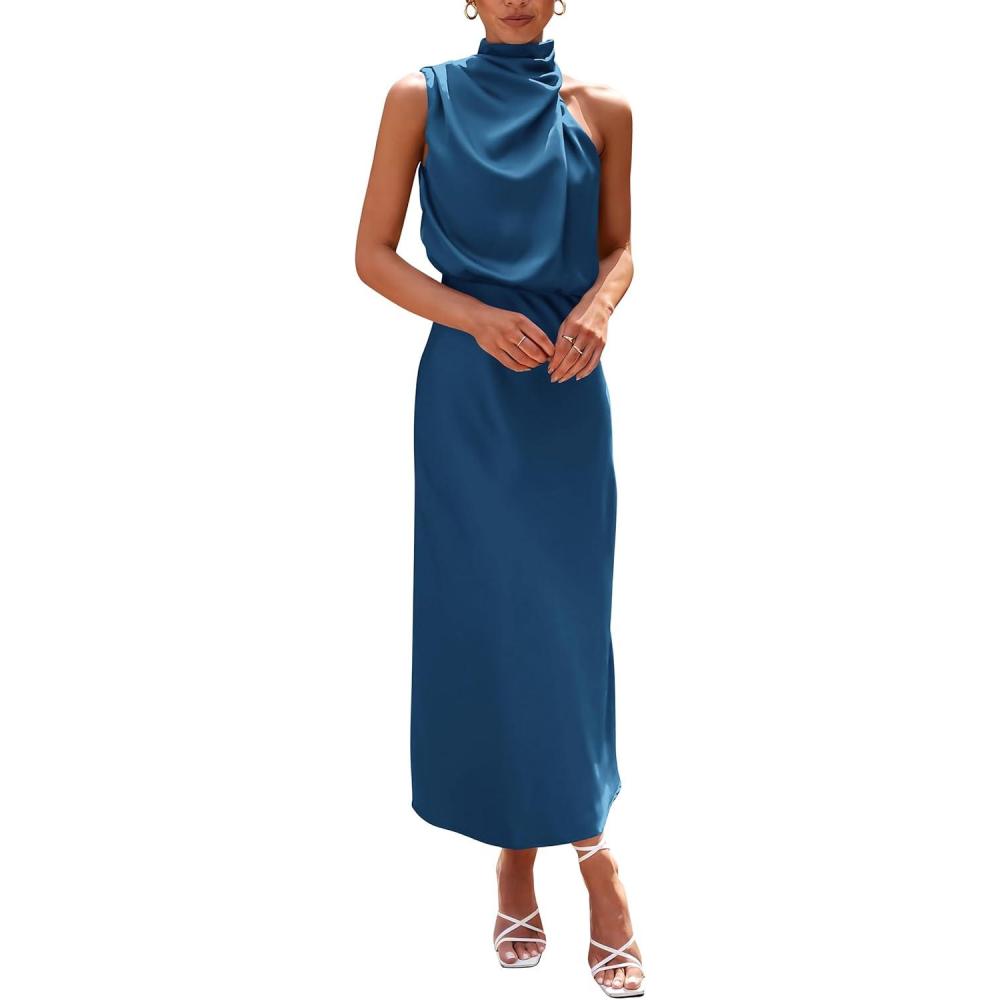 imagePRETTYGARDEN Womens 2026 Summer Satin Dress Elegant Sleeveless Mock Neck Cocktail Party Maxi DressesNavy