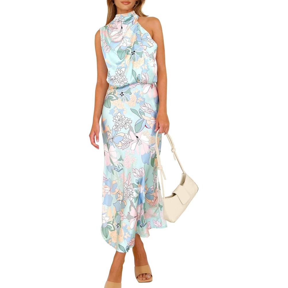 imagePRETTYGARDEN Womens 2026 Summer Satin Dress Elegant Sleeveless Mock Neck Cocktail Party Maxi DressesPrint Blue