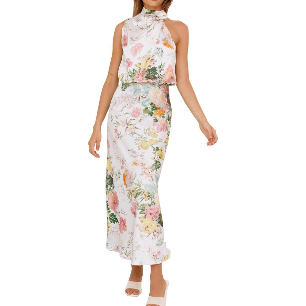 imagePRETTYGARDEN Womens 2026 Summer Satin Dress Elegant Sleeveless Mock Neck Cocktail Party Maxi DressesPrint White