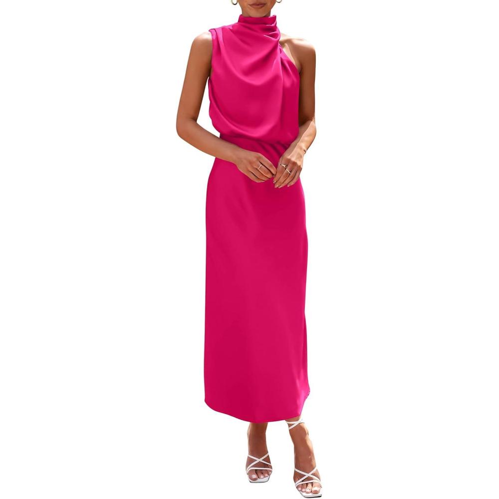 imagePRETTYGARDEN Womens 2026 Summer Satin Dress Elegant Sleeveless Mock Neck Cocktail Party Maxi DressesRose Red