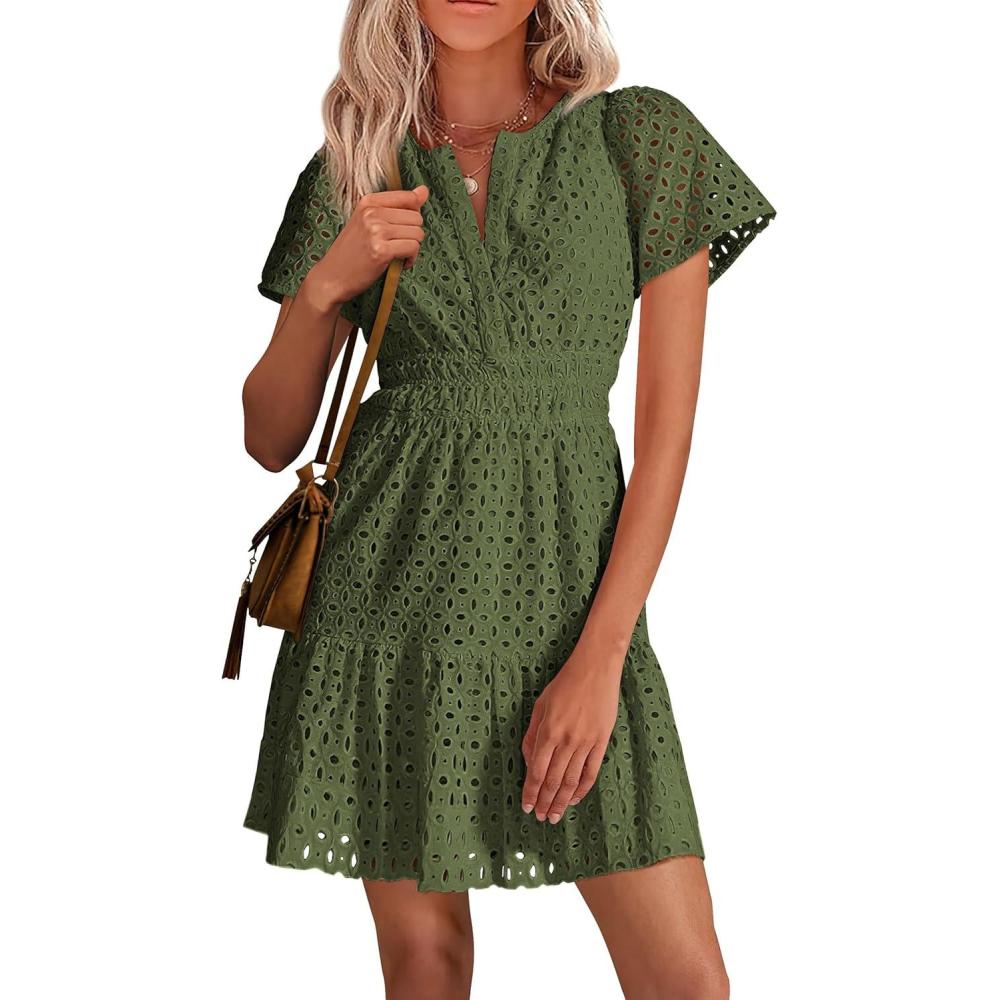 imagePRETTYGARDEN Womens 2026 Summer Short Dress V Neck Short Sleeve A Line Hollow Out Lace Ruffle Cute Casual Beach Party DressesArmy Green