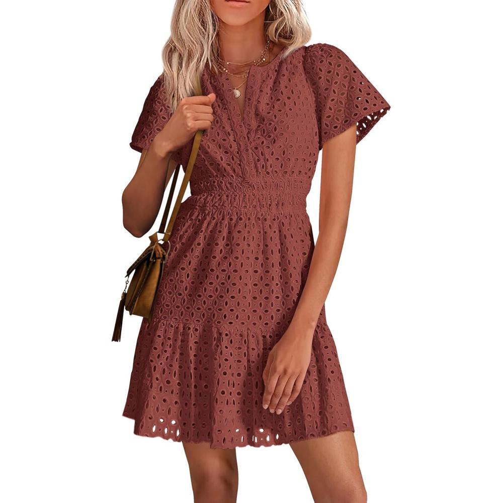 imagePRETTYGARDEN Womens 2026 Summer Short Dress V Neck Short Sleeve A Line Hollow Out Lace Ruffle Cute Casual Beach Party DressesBrown Red