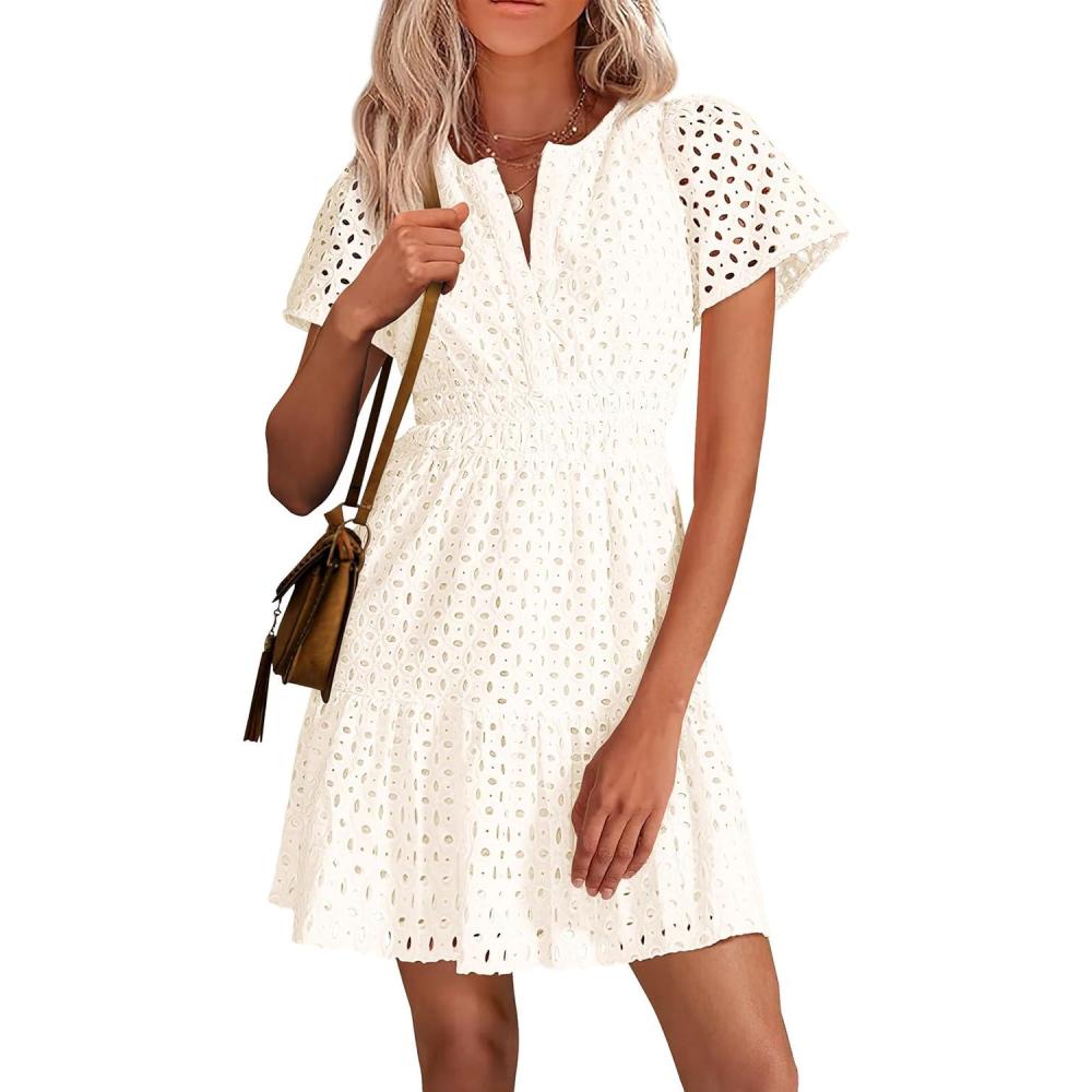 imagePRETTYGARDEN Womens 2026 Summer Short Dress V Neck Short Sleeve A Line Hollow Out Lace Ruffle Cute Casual Beach Party DressesWhite